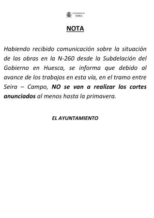 Imagen Modificación calendario corte N-260 entre Campo y Seira ENERO 2023