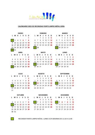 Imagen Calendario 2023 Recogidas Punto Limpio Móvil SEIRA