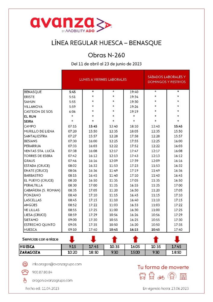Imagen Horarios autobuses línea regular Huesca-Benasque (durante obras N-260)