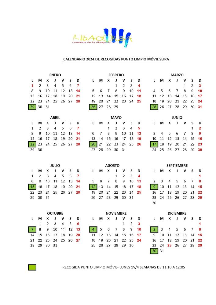 Imagen CALENDARIO 2024 DE RECOGIDAS PUNTO LIMPIO MÓVIL SEIRA -COMARCA DE LA RIBAGORZA