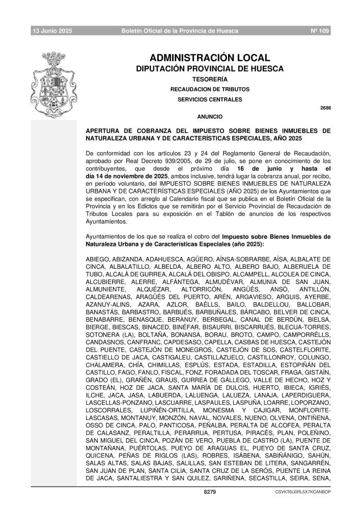 Imagen BOP Nº 109 (13-06-2025) - ANUNCIO DPH Apertura de cobranza del IBI de naturaleza Urbana y características especiales 2025