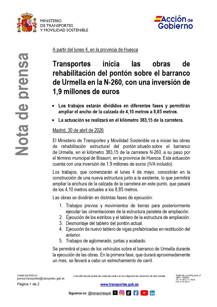 Imagen Nota del Ministerio de Transportes sobre las obras de rehabilitación del puente del barranco de Urmella N-260- Afecciones
