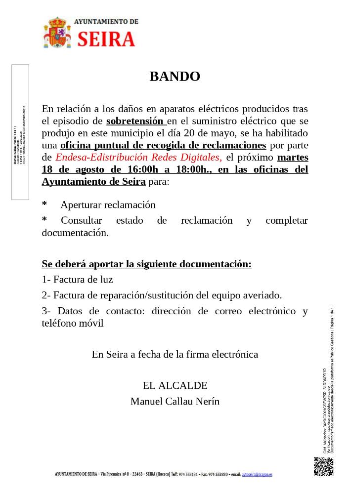 Imagen Bando recogida reclamaciones daños sobretensión eléctrica día 20-05-2026 por Endesa