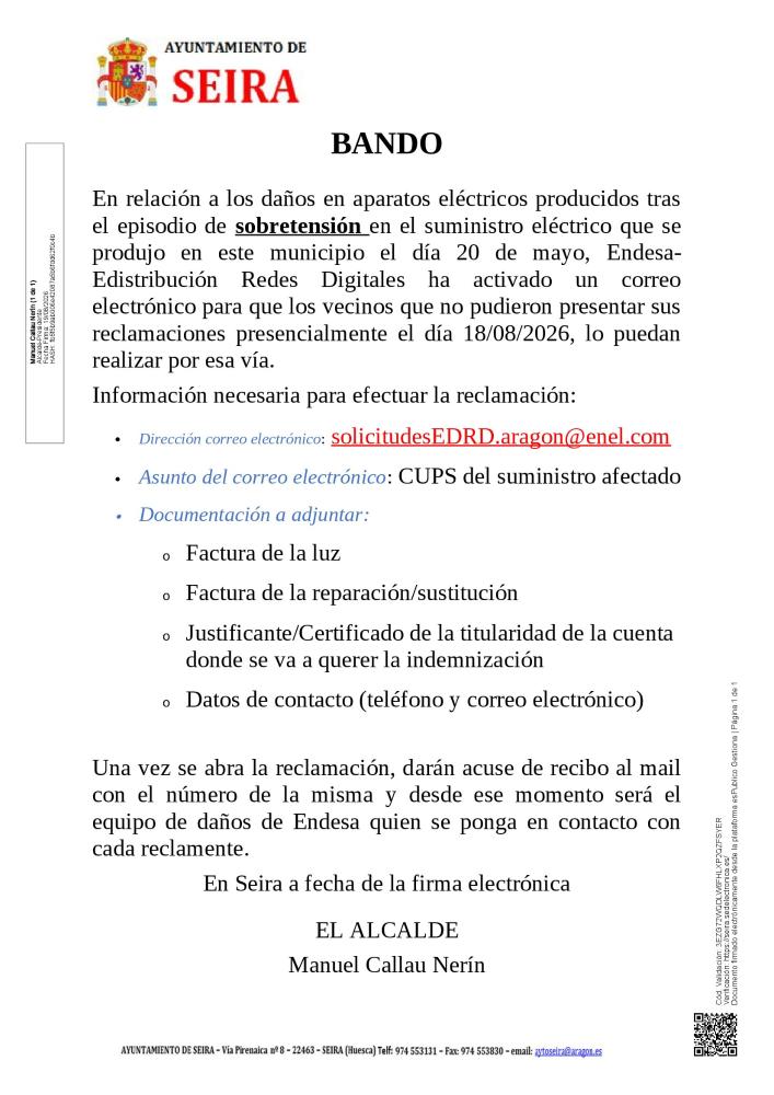 Imagen Bando - Información procedimiento a través de correo electrónico remisión de reclamaciones a ENDESA asunto sobretensión 20-05-2026
