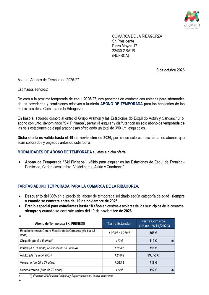 Imagen Información Abono de Temporada ARAMON 2026-2027 para vecinos Comarca de Ribagorza